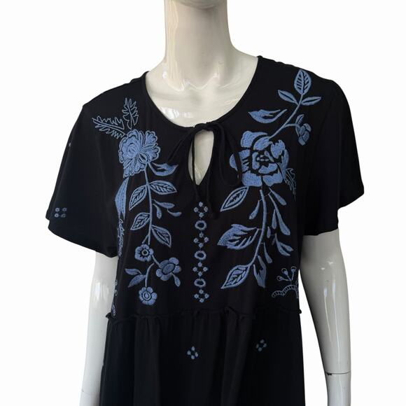 Johnny Was Lyra Tiered Black Cotton Blue Floral Embroidered Dress XL - Picture 2 of 6